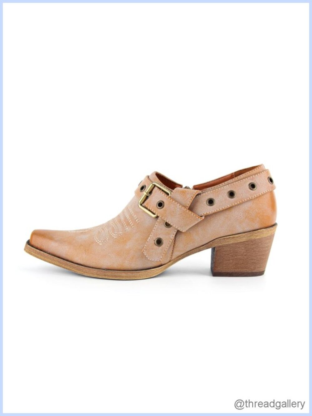 Western Ankle Boots Pointed Toe Buckle Strap Chunky Heel Cowboy Booties